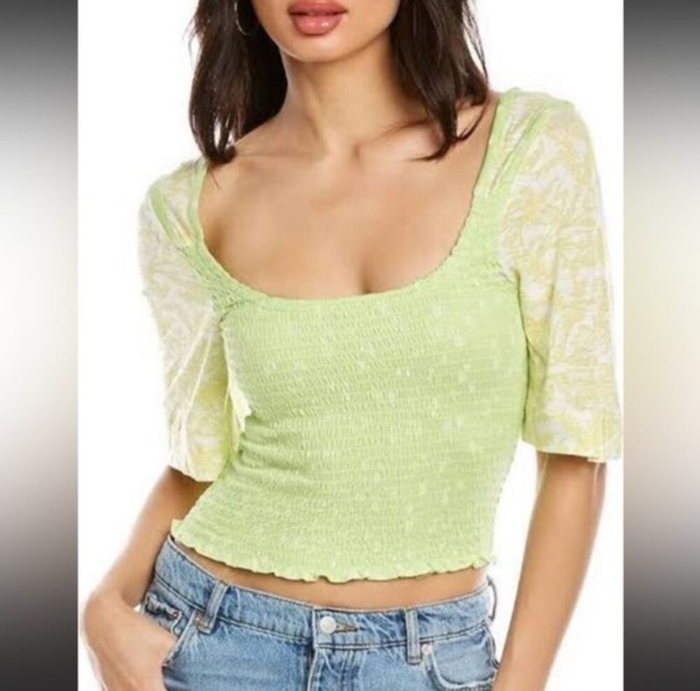 Free People Marigold Mix Print Smocked Square Neck Crop Top Green Size Small